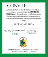 Audiência Pública nesta Quarta-feira dia 13 de Março nas dependências da Câmara de Vereadores de Corupá, início as 19h.